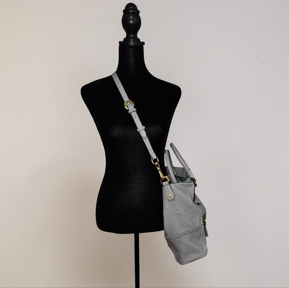 Oryany Gray Pebbled Leather Bucket Satchel Crossbody | Whipstitch Detail | EUC - Picture 4 of 12